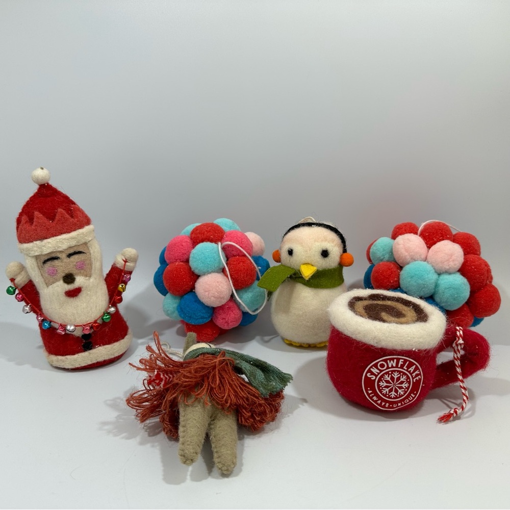 Christmas Felt Santa Coffee Penguin Mouse Pom Pom Balls Ornaments Set of 6